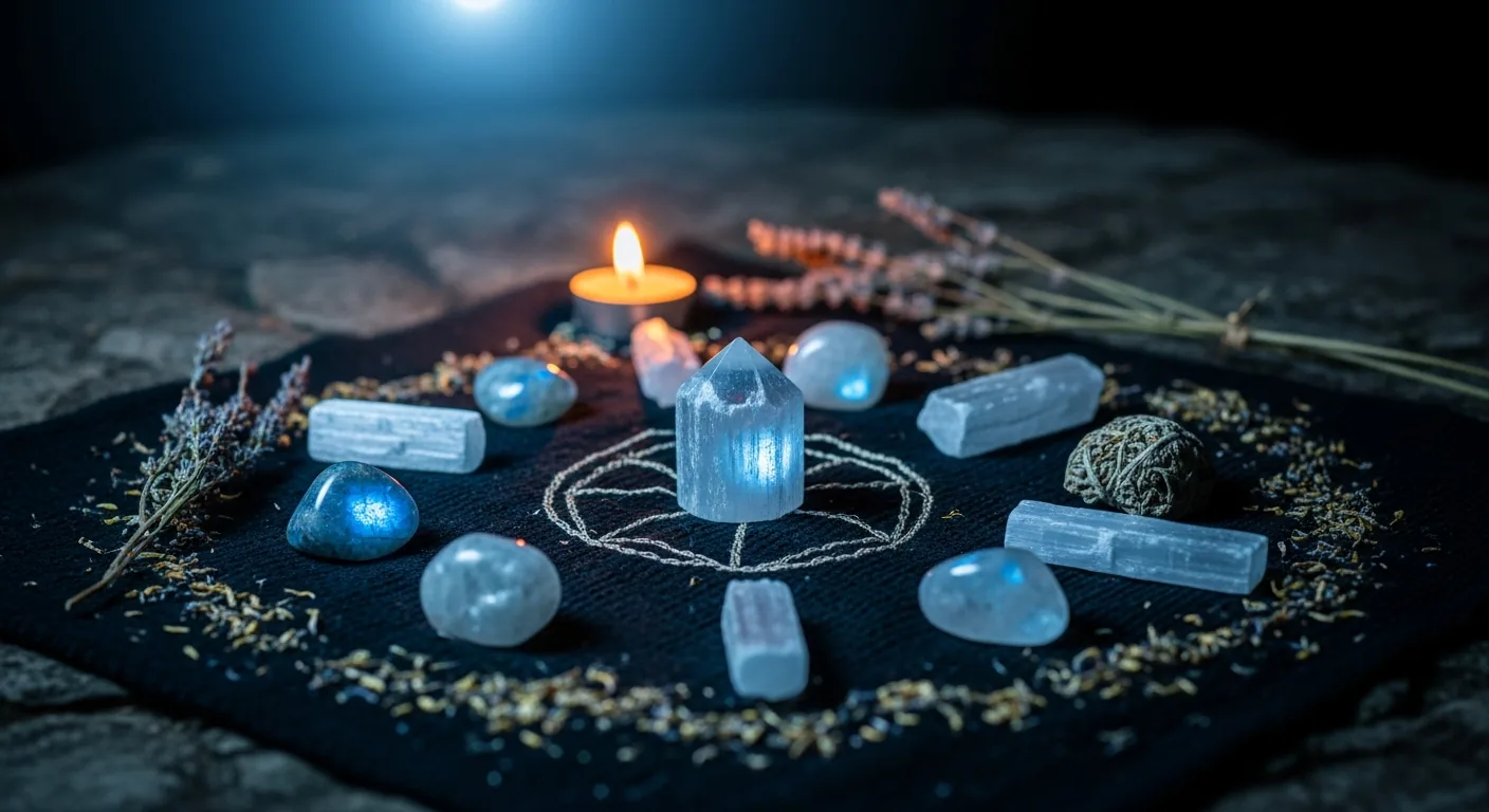Kristali, razporejeni v krog pod mesečino za ritual polne lune