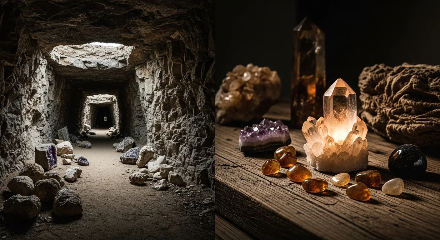 Rudarski obrat za kristale s surovimi geodami in mineralnimi žilami v kamnini